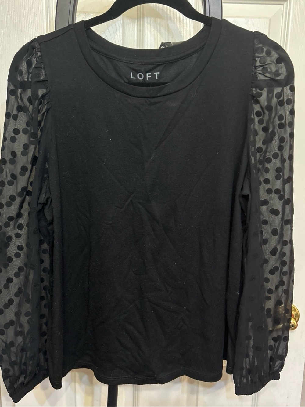 LOFT Black Long-Sleeve Top with Sheer Polka Dot Sleeves